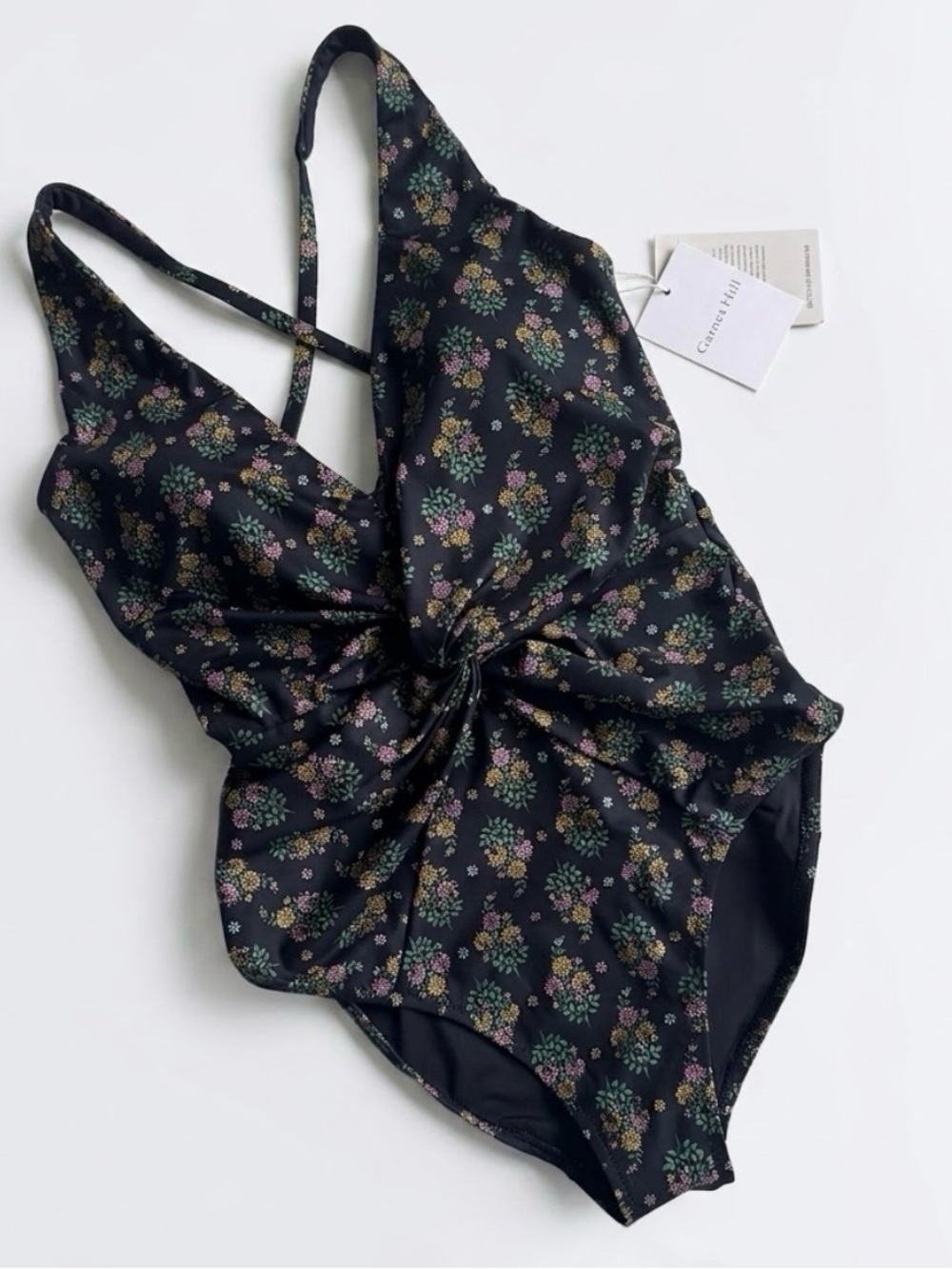 Garnet Hill Black Floral Twist-Front One-Piece Swimsuit
